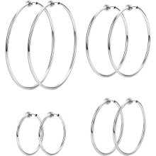 Jstyle Clip-On Hoop Earrings Silver Stainless Steel 4 Pack