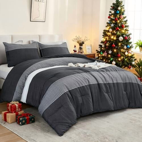 King Size Comforter Set Black White Grey 3-Piece 1