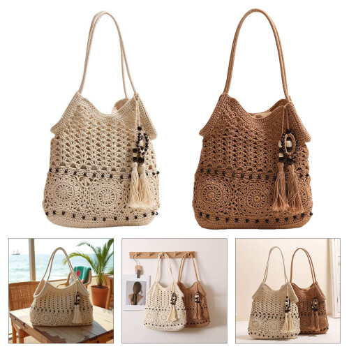 Boho-Handtasche mit Perlenquasten, gewebte Schultertasche 1