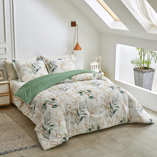 King Botanical Comforter Set Green Gold Leaves White 3pcs 1