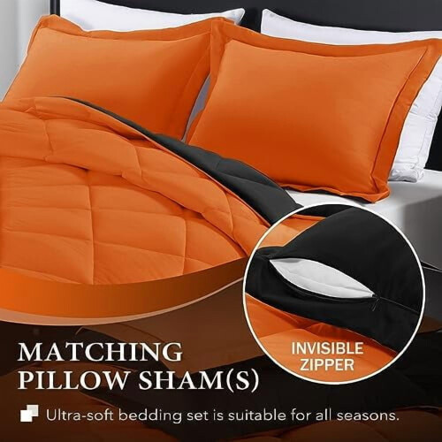 Queen Comforter Set Orange Black 3-Piece All-Season 2