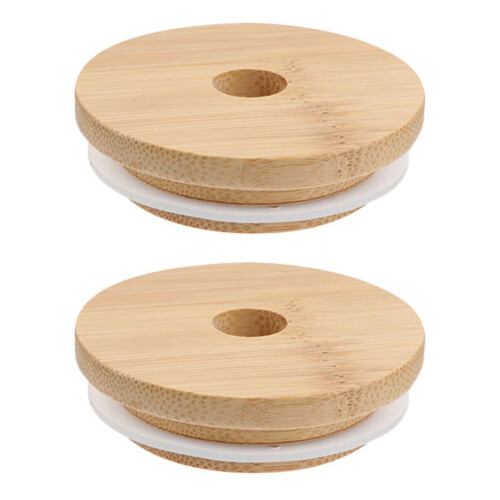 Couvercle en bois pour bocal Mason avec paille (2 pièces)