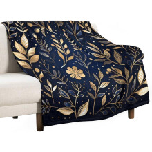 Gold Glitter Foliage Navy Blue Flannel Throw Blanket 70x80