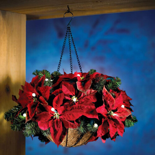 Artificial Christmas hanging basket with LED lights red