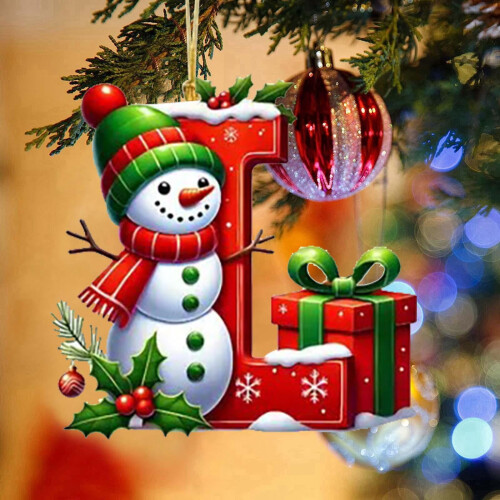 Christmas Snowman Ornament with Initial Letter, Red
