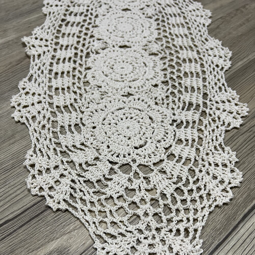 Handmade Crochet Oval Table Runner Beige 12x24 in 2