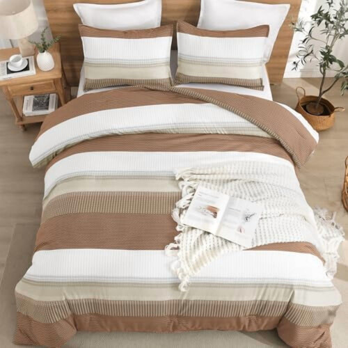 Beige Comforter Set Lightweight 3-Piece Taupe White Stripe 2