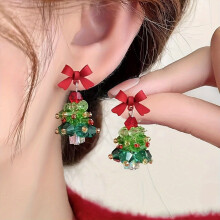 Crystal Christmas Tree Earrings with Red Bow Stainless