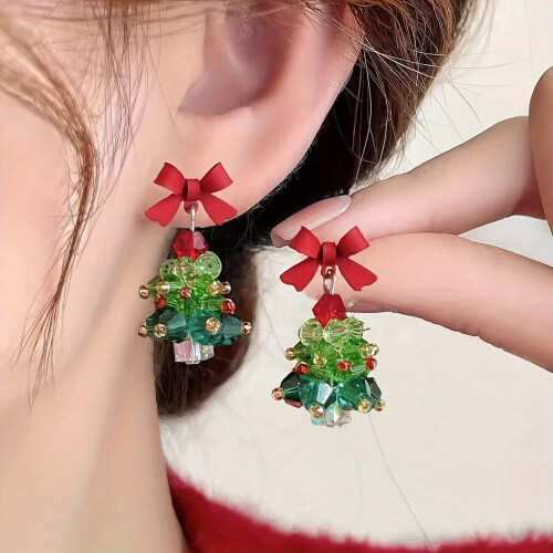 Crystal Christmas Tree Earrings with Red Bow Stainless