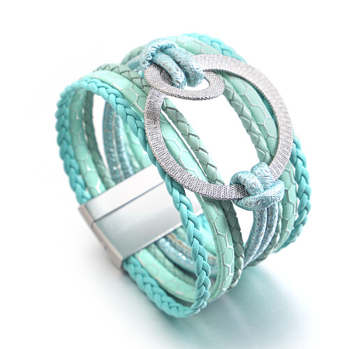 Handmade silver circle leather bracelet for women