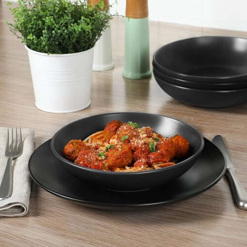 Matte Black Double Bowl Plates and Bowls Set 16 Piece 1