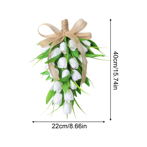 Guirlanda artificial de tulipas em formato de lágrima com laço de juta, 40 x 22 cm (15,7 x 8,7 polegadas) 1