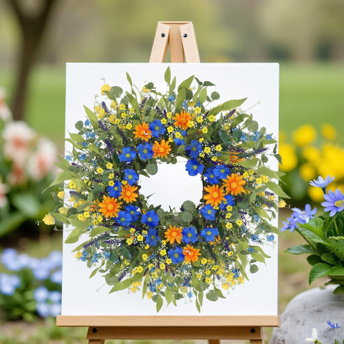 Guirlanda de margaridas e girassóis de 56 cm (22 polegadas) em tons de azul e laranja, estilo fazenda. 2