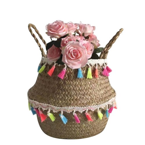 Seagrass woven planter with tassels foldable storage basket 2