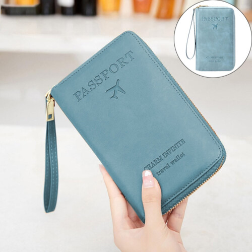 Passport Case RFID Blocking Blue Multi-Functional Zipper 1