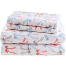 Set de lenjerie de pat Queen din flanel, 100% bumbac, cu 4 bucăți, cu funde vesele