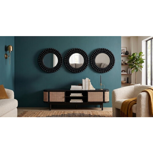 3x Black Round Beaded Wall Mirror Plastic 25x1.8Cm