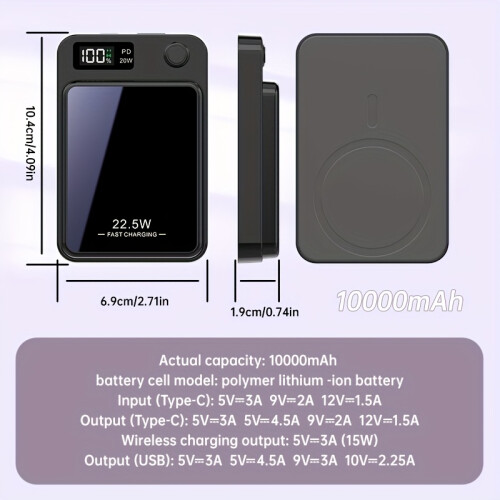 Ασύρματο μαγνητικό τροφοδοτικό 10000mAh 15W/22.5W διπλό USB-C 2