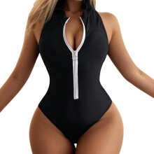 Women's One Piece Swimsuit V-Neck Zip-Front Monokini Black M