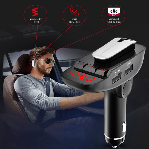 Car FM Transmitter with Wireless Earpiece and 2 USB 1