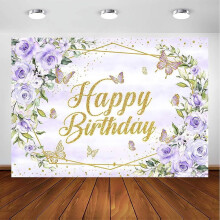 Décor de fond d'anniversaire papillon, fleurs pastel violettes et dorées, 1 pièce