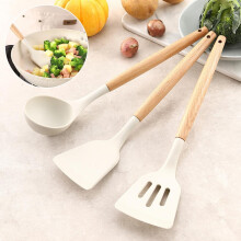White Silicone Kitchen Utensils Set with Wooden Handle 3PCS