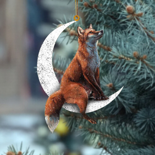 Enfeite de Natal em forma de lua, decoração externa em madeira com animais.