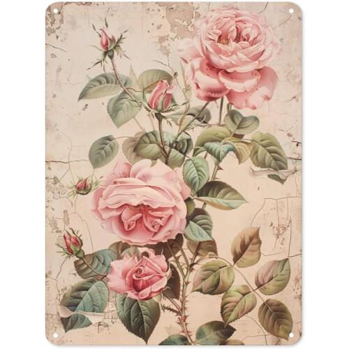 Placa de metal vintage com estampa de rosa, 30x45cm (12x18 polegadas)