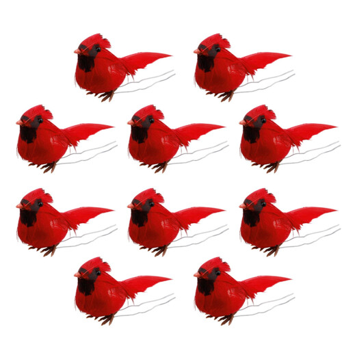 Red Bird Tree Decorations with Clips 10pcs