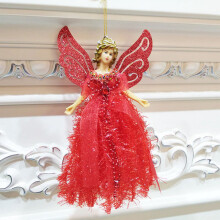 Red Victorian angel tree ornament with sparkle feathers