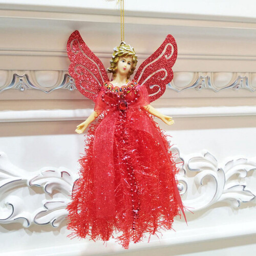 Red Victorian angel tree ornament with sparkle feathers