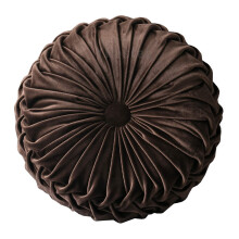 Round velvet cushion brown 13.7 inch solid pleated pillow