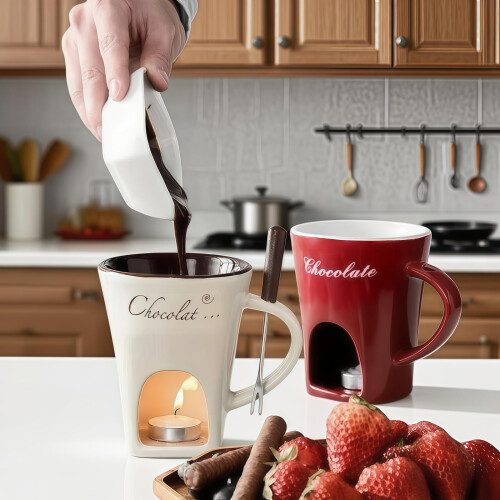Chocolate Fondue Cups with Forks Set White 2