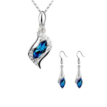 Blue teardrop Austria crystal necklace with earrings