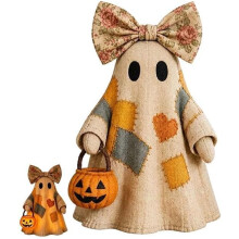 Valaistu vintage-tilkkutyökummitushahmo, kurpitsalyhty Halloween-koriste