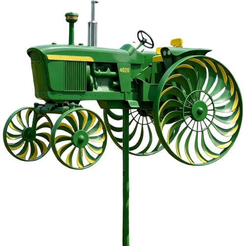 Moară de vânt cu tractor, decor de grădină verde