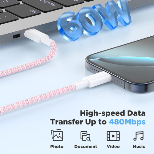Γρήγορος φορτιστής USB-C 20W με 3 πλεγμένα καλώδια 1,8ft/1,8ft/10ft 2