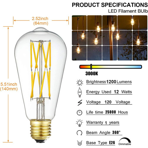 Ampoule Edison à intensité variable 3000K 12W 1200LM E26ST64 Verre transparent 1
