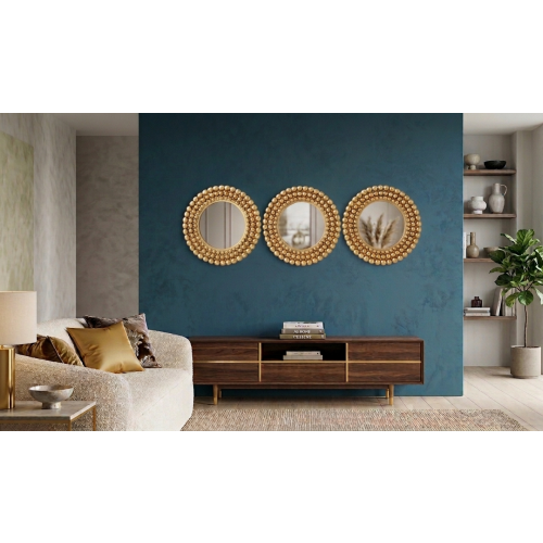 3 Gold Round Beaded Wall Mount Mirror Plastic 25Cm