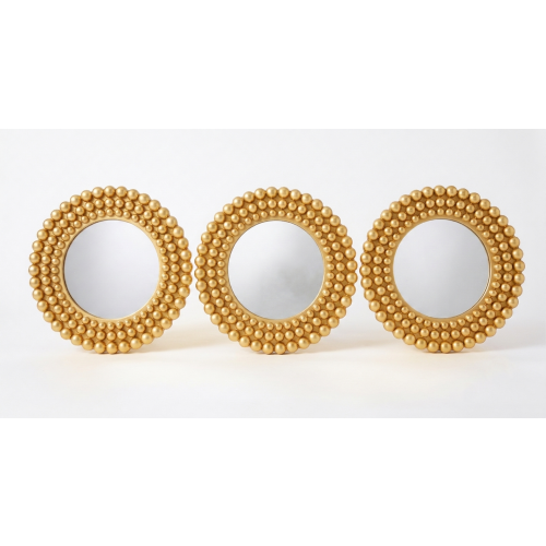 3 Gold Round Beaded Wall Mount Mirror Plastic 25Cm 2