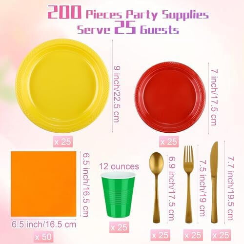 Service de vaisselle jetable arc-en-ciel pour anniversaire (200 pièces) 1