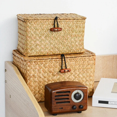 Panier de rangement rectangulaire en jonc de mer avec couvercle (1 pièce) 1