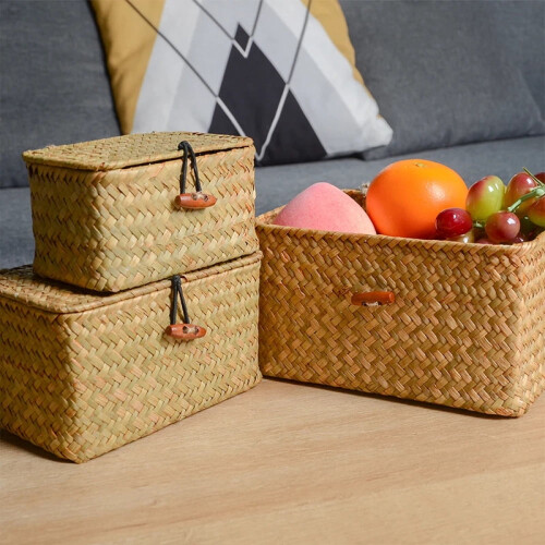 Panier de rangement rectangulaire en jonc de mer avec couvercle (1 pièce) 2