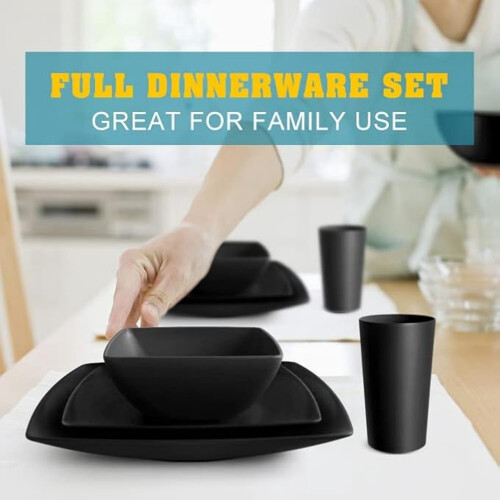 Wheat Straw Square Dinnerware Set Black 48-piece 1