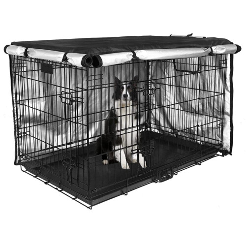 Capa para gaiola de cachorro preta de 42 polegadas com porta dupla à prova d'água 1