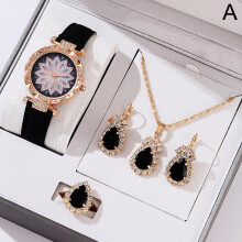 Montre-bracelet pour femme avec bracelet en cuir, motif floral et boîtier en alliage