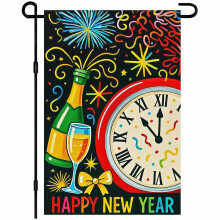 New Year greeting card with champagne, fireworks, gifts