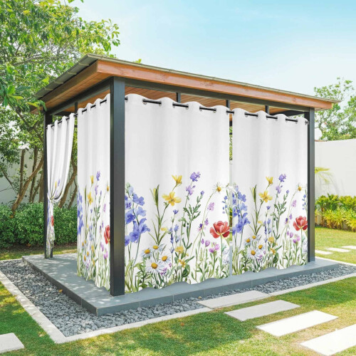 Cortinas externas impermeáveis com estampa floral e ilhós, 137 x 241 cm (54 x 95 polegadas).