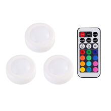 Luzes de LED Solacol tipo puck, alimentadas por bateria, com controle remoto e temporizador de intensidade.