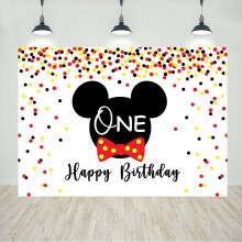 Mouse 1st Birthday Backdrop Black Red Gold Dots